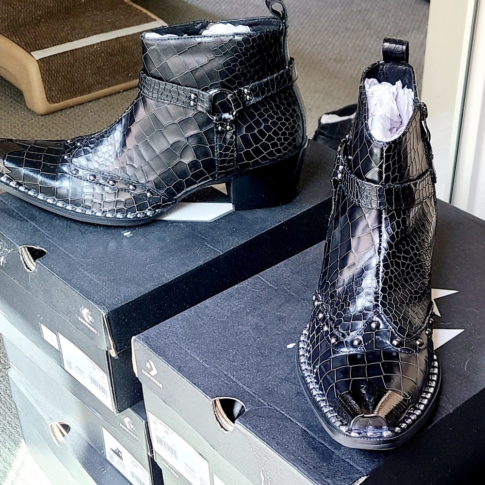 Black Leather Rockstar Pointed Metal Toe Demi-Boot